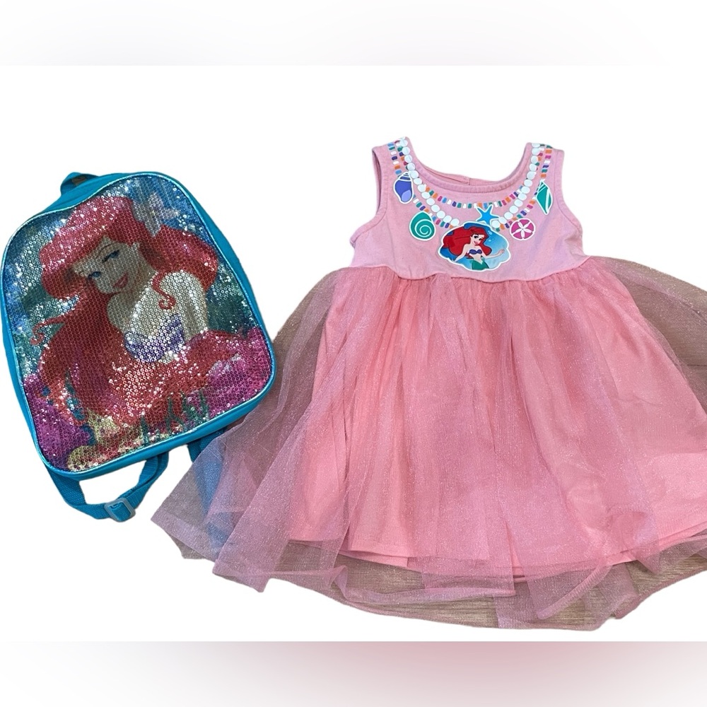 Disney Little Mermaid Dress and Sequined mini Backpack Bundle 2T